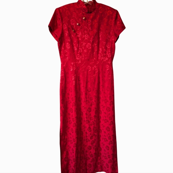 Vintage Asian Elegant Wine Red Maxi Dress 90s Y2k Jacquard Chinese Wedding Sz. 8 - Picture 13 of 13